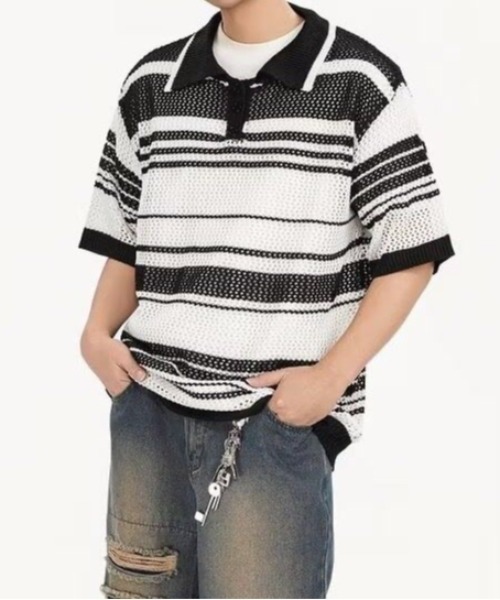 FreeZone(フリーゾーン)の「メッシュボーダー編みポロシャツ(Tシャツ/カットソー・メンズ・ミント/ホワイト・F)」の12枚目の写真