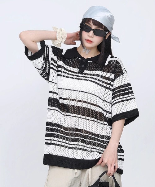 FreeZone(フリーゾーン)の「メッシュボーダー編みポロシャツ(Tシャツ/カットソー・メンズ・ミント/ホワイト・F)」の3枚目の写真