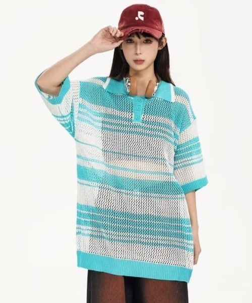 FreeZone(フリーゾーン)の「メッシュボーダー編みポロシャツ(Tシャツ/カットソー・メンズ・ミント/ホワイト・F)」の4枚目の写真