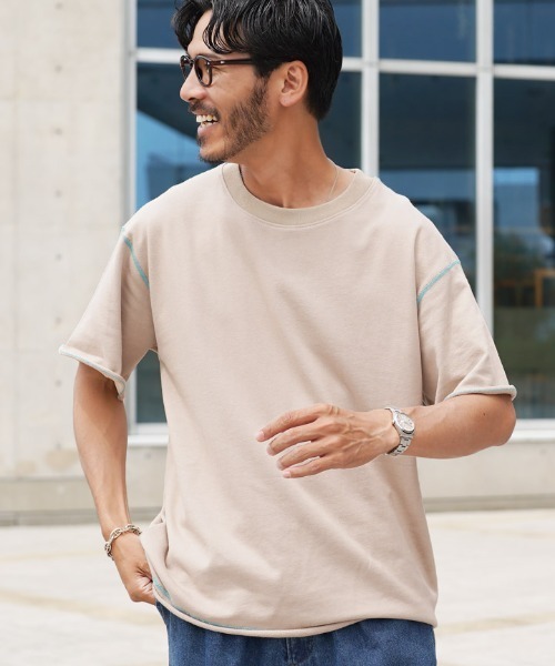 jiggys shop(ジギーズショップ)の「カットオフ 切りっぱなし 配色ステッチ 半袖 ライトスウェットTシャツ(Tシャツ/カットソー・メンズ・チャコールグレー/ブラック/ベージュ/ネイビー・MEDIUM/LARGE/X-LARGE)」の3枚目の写真