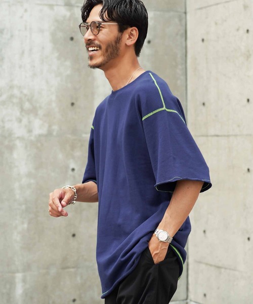 jiggys shop(ジギーズショップ)の「カットオフ 切りっぱなし 配色ステッチ 半袖 ライトスウェットTシャツ(Tシャツ/カットソー・メンズ・チャコールグレー/ブラック/ベージュ/ネイビー・MEDIUM/LARGE/X-LARGE)」の4枚目の写真
