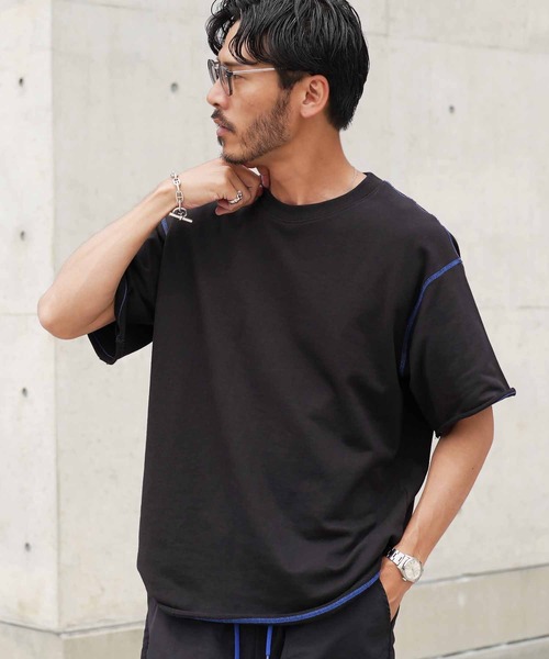 jiggys shop(ジギーズショップ)の「カットオフ 切りっぱなし 配色ステッチ 半袖 ライトスウェットTシャツ(Tシャツ/カットソー・メンズ・チャコールグレー/ブラック/ベージュ/ネイビー・MEDIUM/LARGE/X-LARGE)」の2枚目の写真