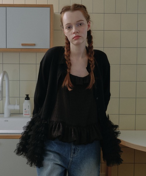 HONEY MI HONEY(ハニーミーハニー)の「tulle peplum polo knit cardigan(カーディガン/ボレロ・レディース・グレー/ブラック/ピンク・FREE)」の3枚目の写真