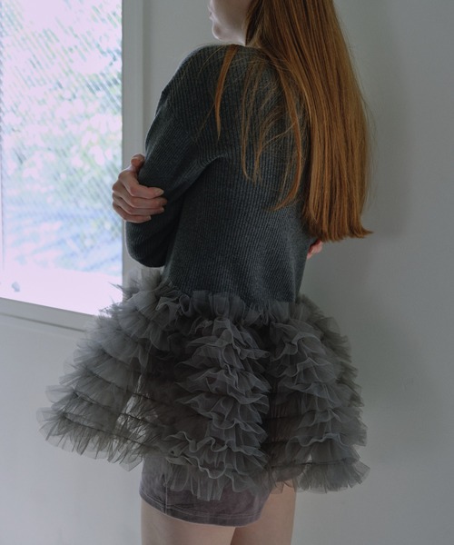 HONEY MI HONEY(ハニーミーハニー)の「tulle peplum polo knit cardigan(カーディガン/ボレロ・レディース・グレー/ブラック/ピンク・FREE)」の6枚目の写真