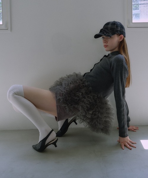 HONEY MI HONEY(ハニーミーハニー)の「tulle peplum polo knit cardigan(カーディガン/ボレロ・レディース・グレー/ブラック/ピンク・FREE)」の7枚目の写真