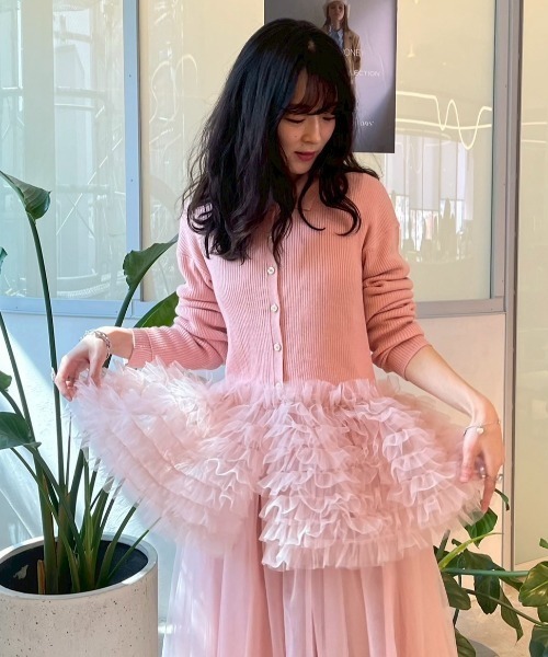 HONEY MI HONEY(ハニーミーハニー)の「tulle peplum polo knit cardigan(カーディガン/ボレロ・レディース・グレー/ブラック/ピンク・FREE)」の4枚目の写真
