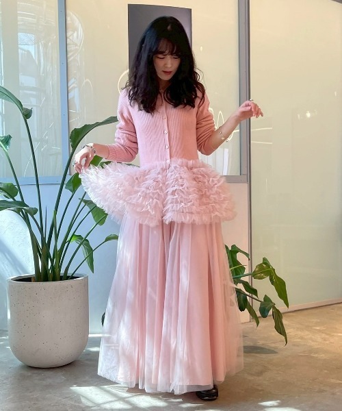 HONEY MI HONEY(ハニーミーハニー)の「tulle peplum polo knit cardigan(カーディガン/ボレロ・レディース・グレー/ブラック/ピンク・FREE)」の14枚目の写真