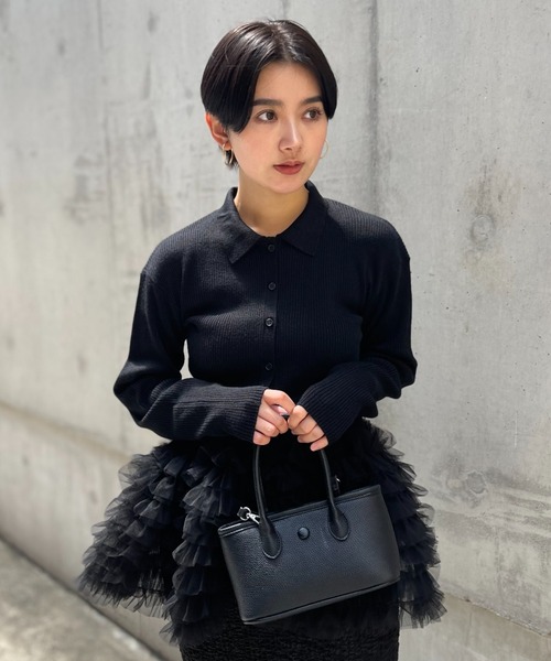 HONEY MI HONEY(ハニーミーハニー)の「tulle peplum polo knit cardigan(カーディガン/ボレロ・レディース・グレー/ブラック/ピンク・FREE)」の15枚目の写真