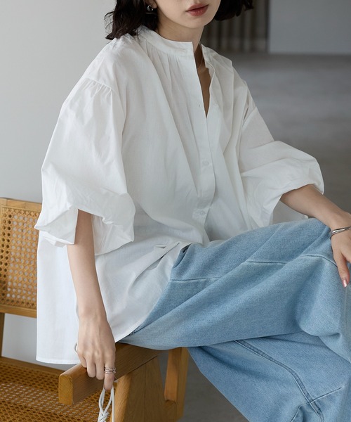 美品♡ プリット コットンリネン　スタンドカラー　シャツ　ブラウス　羽織り prit ブラウス シャツ 「prit」 コットンリネンバレストライプ 5