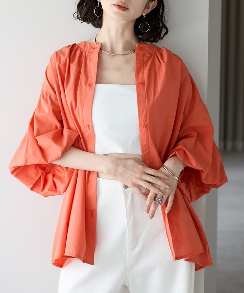 セール】スタンドカラー5分袖バルーンスリーブコットンブラウス