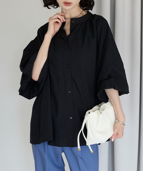 セール】スタンドカラー5分袖バルーンスリーブコットンブラウス