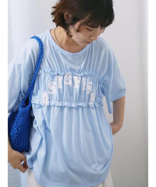 Samansa Mos2 blue（サマンサモスモスブルー）の「◎【接触冷感】シャーリングドッキングTシャツ（Tシャツ/カットソー・レディース・サックスブルー/オフホワイト/ブラック・F）」の14枚目の写真