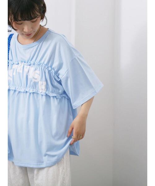 Samansa Mos2 blue（サマンサモスモスブルー）の「◎【接触冷感】シャーリングドッキングTシャツ（Tシャツ/カットソー・レディース・サックスブルー/オフホワイト/ブラック・F）」の13枚目の写真
