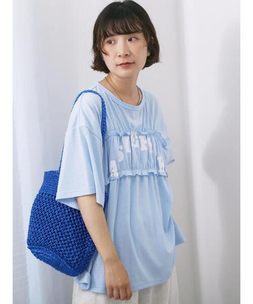 Samansa Mos2 blue（サマンサモスモスブルー）の「◎【接触冷感】シャーリングドッキングTシャツ（Tシャツ/カットソー・レディース・サックスブルー/オフホワイト/ブラック・F）」の12枚目の写真