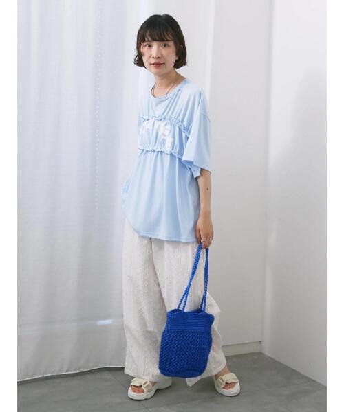 Samansa Mos2 blue（サマンサモスモスブルー）の「◎【接触冷感】シャーリングドッキングTシャツ（Tシャツ/カットソー・レディース・サックスブルー/オフホワイト/ブラック・F）」の10枚目の写真