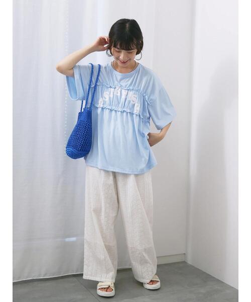 Samansa Mos2 blue（サマンサモスモスブルー）の「◎【接触冷感】シャーリングドッキングTシャツ（Tシャツ/カットソー・レディース・サックスブルー/オフホワイト/ブラック・F）」の9枚目の写真