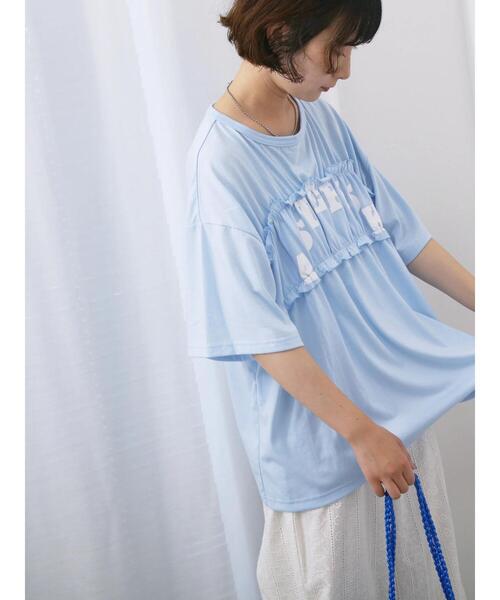 Samansa Mos2 blue（サマンサモスモスブルー）の「◎【接触冷感】シャーリングドッキングTシャツ（Tシャツ/カットソー・レディース・サックスブルー/オフホワイト/ブラック・F）」の8枚目の写真
