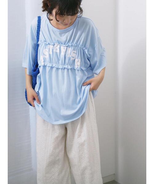 Samansa Mos2 blue（サマンサモスモスブルー）の「◎【接触冷感】シャーリングドッキングTシャツ（Tシャツ/カットソー・レディース・サックスブルー/オフホワイト/ブラック・F）」の7枚目の写真
