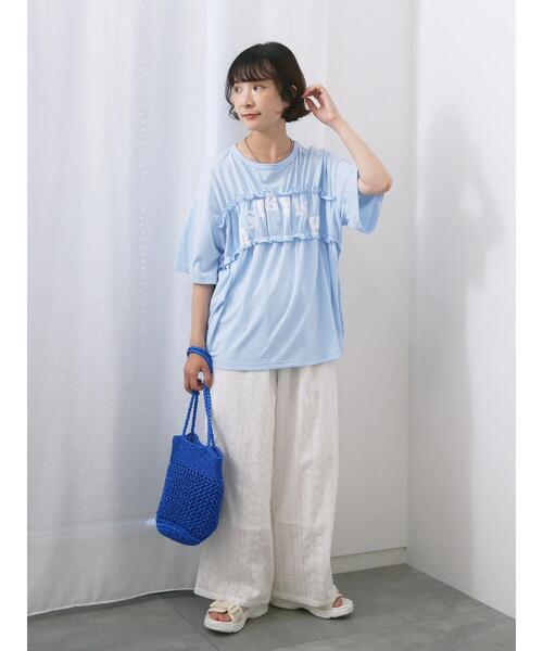 Samansa Mos2 blue（サマンサモスモスブルー）の「◎【接触冷感】シャーリングドッキングTシャツ（Tシャツ/カットソー・レディース・サックスブルー/オフホワイト/ブラック・F）」の6枚目の写真