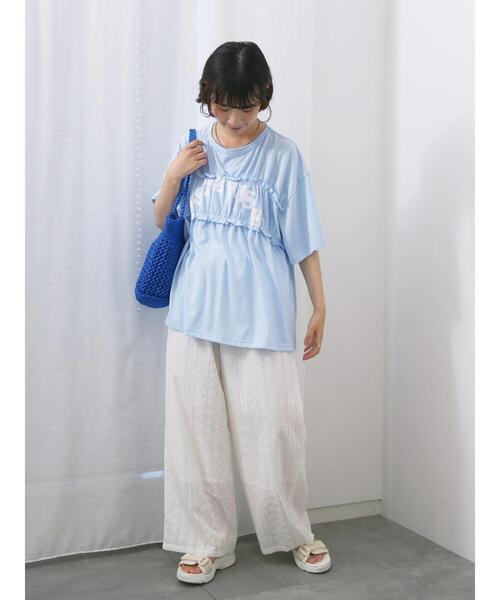 Samansa Mos2 blue（サマンサモスモスブルー）の「◎【接触冷感】シャーリングドッキングTシャツ（Tシャツ/カットソー・レディース・サックスブルー/オフホワイト/ブラック・F）」の5枚目の写真