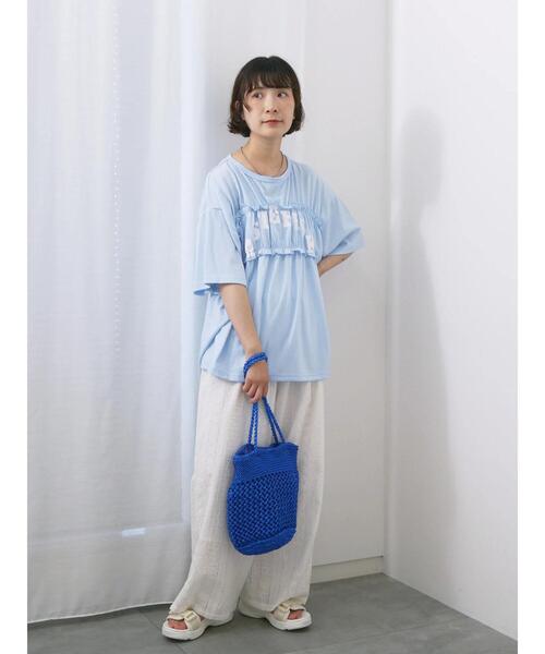 Samansa Mos2 blue（サマンサモスモスブルー）の「◎【接触冷感】シャーリングドッキングTシャツ（Tシャツ/カットソー・レディース・サックスブルー/オフホワイト/ブラック・F）」の4枚目の写真