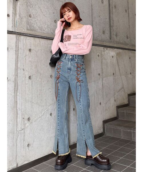 MURUA(ムルーア)の「クロップドメッセージトップス(Tシャツ/カットソー・レディース・ネイビー/ホワイト/ピンク・FREE)」の14枚目の写真