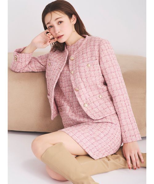 パイピングデザインツイードジャケット（ノーカラージャケット