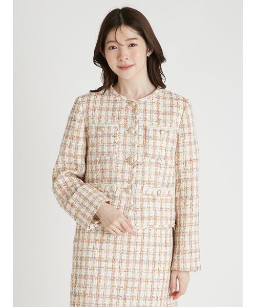 パイピングデザインツイードジャケット（ノーカラージャケット