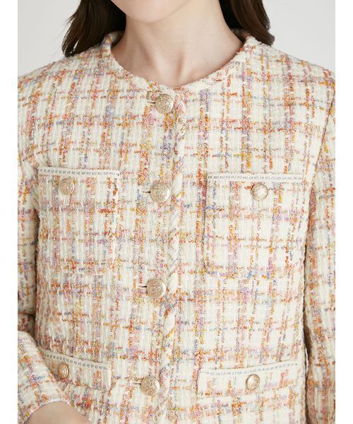 パイピングデザインツイードジャケット（ノーカラージャケット