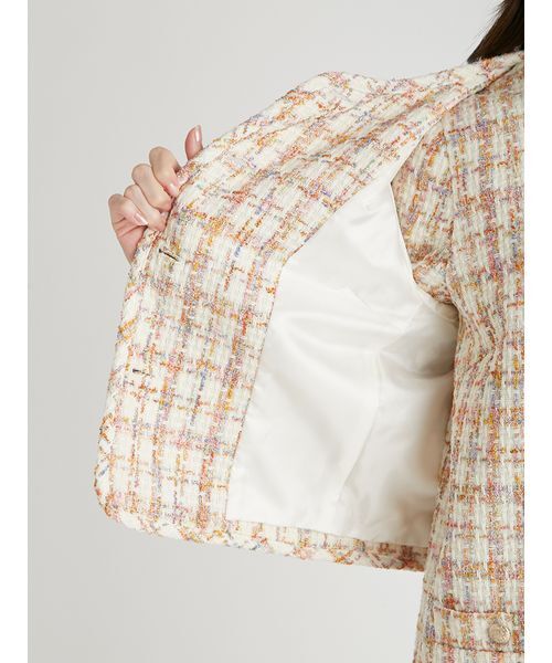 パイピングデザインツイードジャケット（ノーカラージャケット