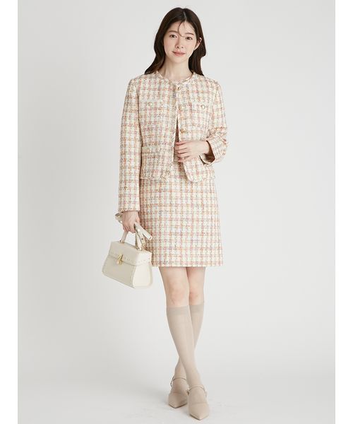 パイピングデザインツイードジャケット（ノーカラージャケット