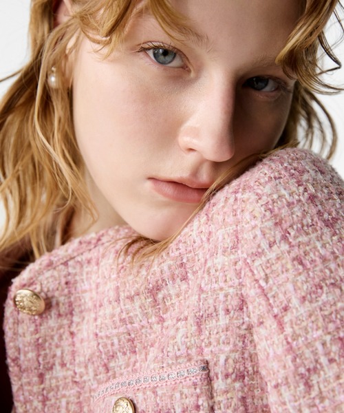 セルフォード　ピンクベージュ ノーカラーツイードジャケット 毛混紡 セール】パイピングデザインツイードジャケット（ノーカラージャケット