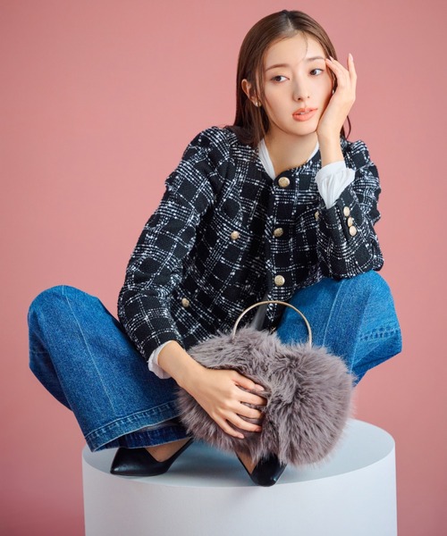 パイピングデザインツイードジャケット（ノーカラージャケット