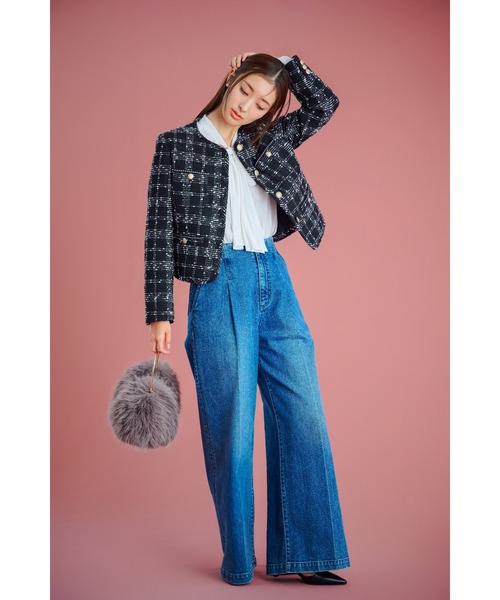 パイピングデザインツイードジャケット（ノーカラージャケット