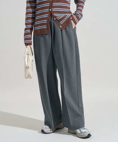 セール】スラックス イージーパンツ/チェックパンツ/タックワイド