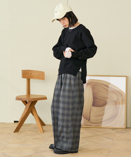 セール】スラックス イージーパンツ/チェックパンツ/タック