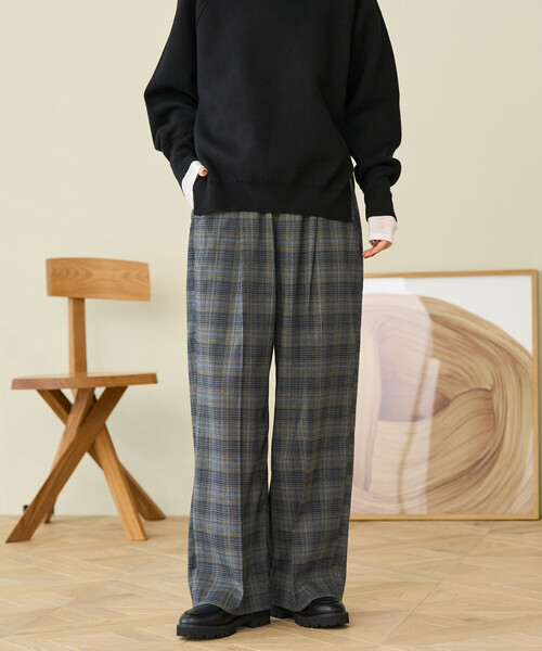 セール】スラックス イージーパンツ/チェックパンツ/タック
