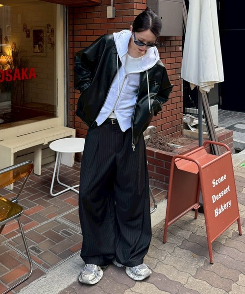 SHIKITARI WIDE STRIPE SLACKS スラックス MIX TUCK DESIGN WIDE STRIPE SLACKS【BLACK】 | SHI