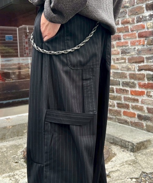 セール】【Chikashitsu +】draw cord stripe wide slacks