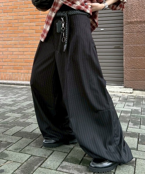 セール】【Chikashitsu +】draw cord stripe wide slacks