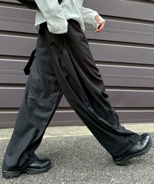 Chikashitsu +】draw cord stripe wide slacks