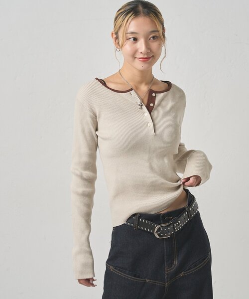 WHO'S WHO gallery(フーズフーギャラリー)の「リンガーヘンリーネックニット(ニット/セーター・レディース・アイボリー/ブラック/ネイビー/ブラウン・FREE)」の5枚目の写真