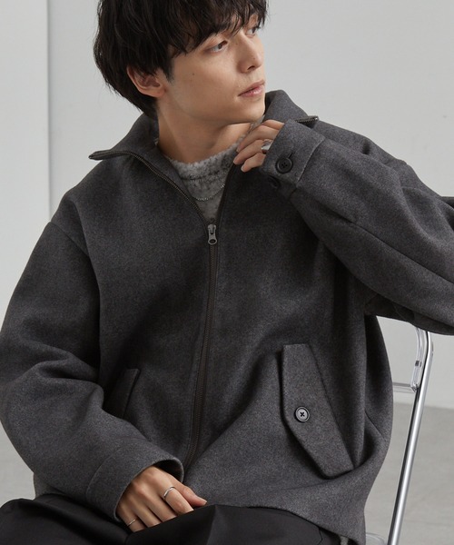 テックメルトン スタンドカラー ショートコートジップアップブルゾン