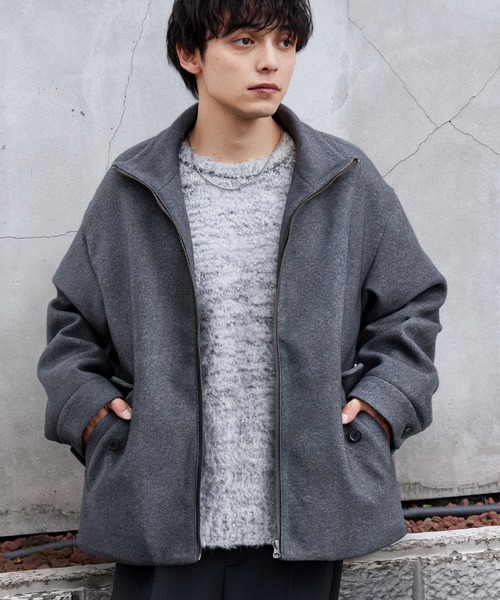 テックメルトン スタンドカラー ショートコートジップアップブルゾン