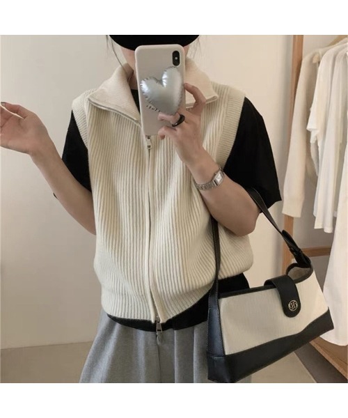 セール】立ち襟デザイン ジップニットベスト（ニット/セーター