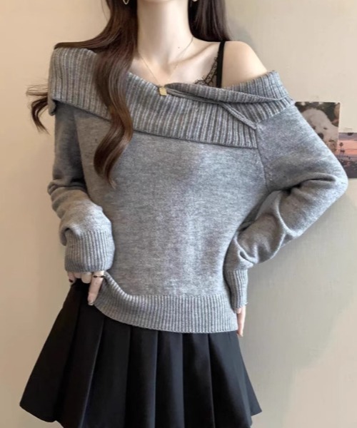 Mejoul（メジュール）の「【2025秋冬新作】レースフェイクレイヤードオフショルニット（ニット/セーター・レディース・グレー/ブラック/アイボリー/レッド・F）」の3枚目の写真