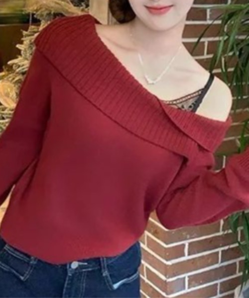 Mejoul（メジュール）の「【2025秋冬新作】レースフェイクレイヤードオフショルニット（ニット/セーター・レディース・グレー/ブラック/アイボリー/レッド・F）」の4枚目の写真