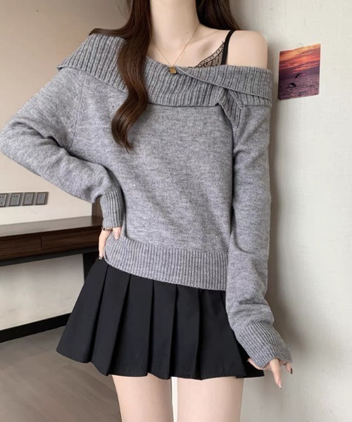 Mejoul（メジュール）の「【2025秋冬新作】レースフェイクレイヤードオフショルニット（ニット/セーター・レディース・グレー/ブラック/アイボリー/レッド・F）」の10枚目の写真