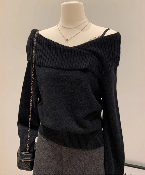 Mejoul（メジュール）の「【2025秋冬新作】レースフェイクレイヤードオフショルニット（ニット/セーター・レディース・グレー/ブラック/アイボリー/レッド・F）」の7枚目の写真