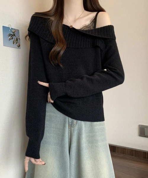 Mejoul（メジュール）の「【2025秋冬新作】レースフェイクレイヤードオフショルニット（ニット/セーター・レディース・グレー/ブラック/アイボリー/レッド・F）」の8枚目の写真